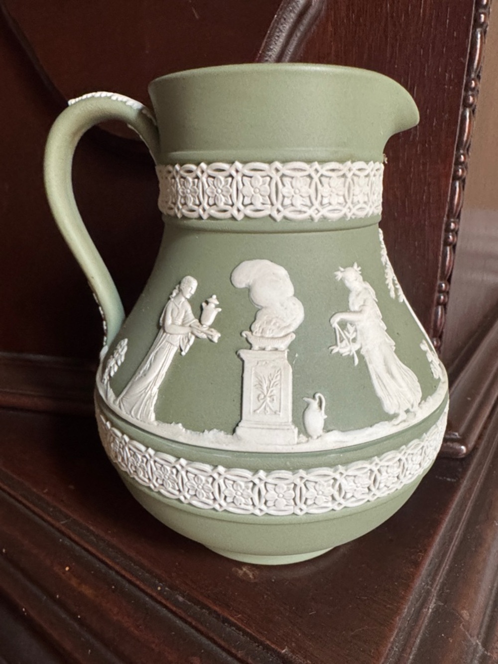 Wedgwood Sage Green Jasperware Relief Pitcher with White Medallions